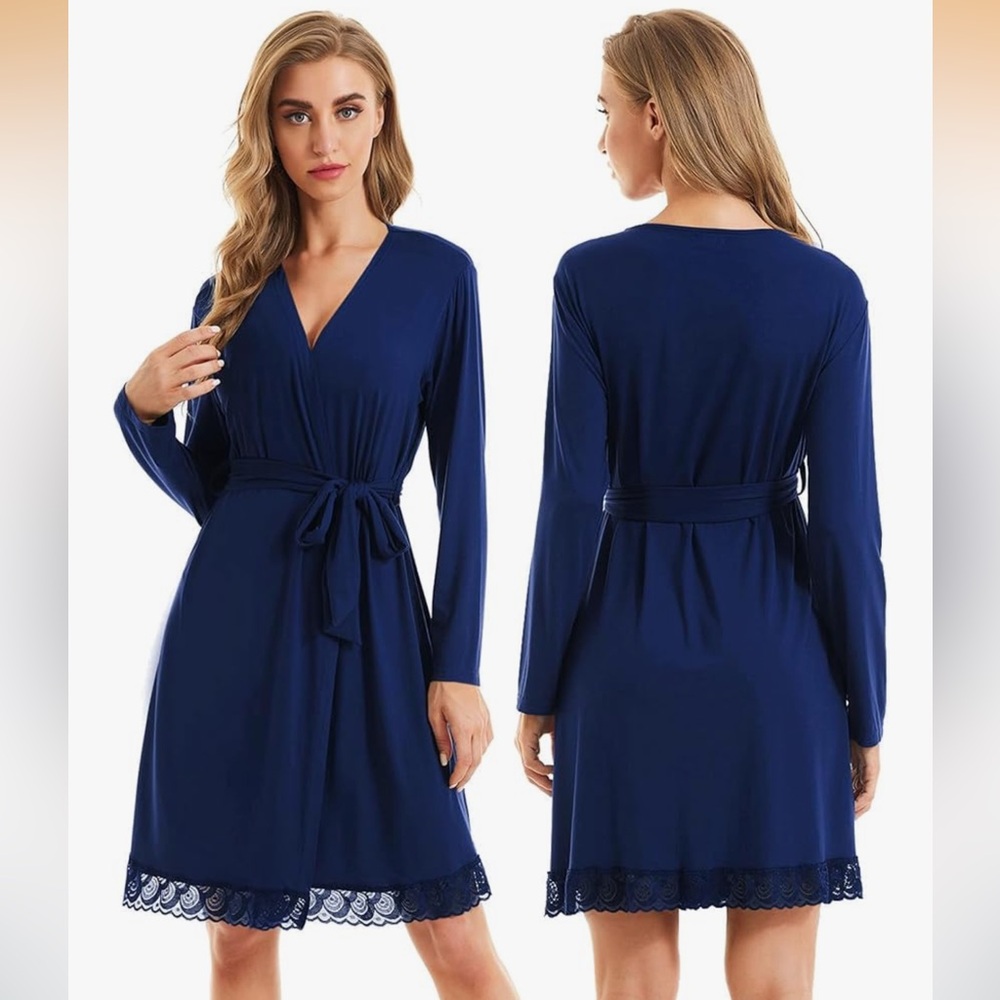 Kimono Robes Long Sleeve Sleepwear Lightweight Loungewear with Lace Trim